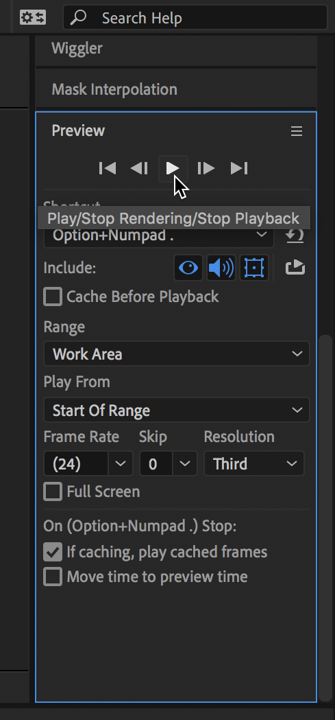 Arbeidsvindauge i After Effects med ulike knappar som play, spole fram eller tilbake og stoppknapp til den vesle animasjonen som er laga. Skjermutklipp.