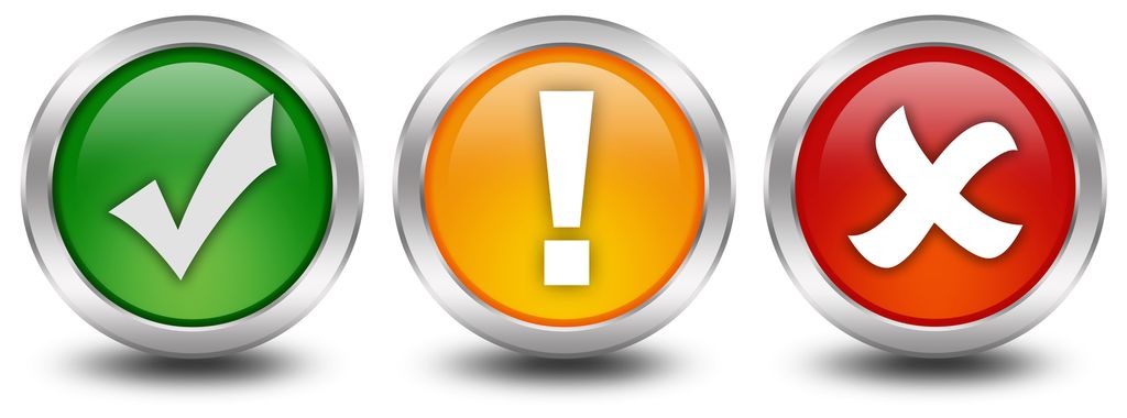 Tre symboler i trafikklysfargene, som i en risikovurdering. Grønn = ok, gul = vær varsom, rød = stopp. Illustrasjon.