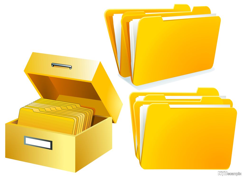 Et kartotek med ark og mapper samlet i en eske.