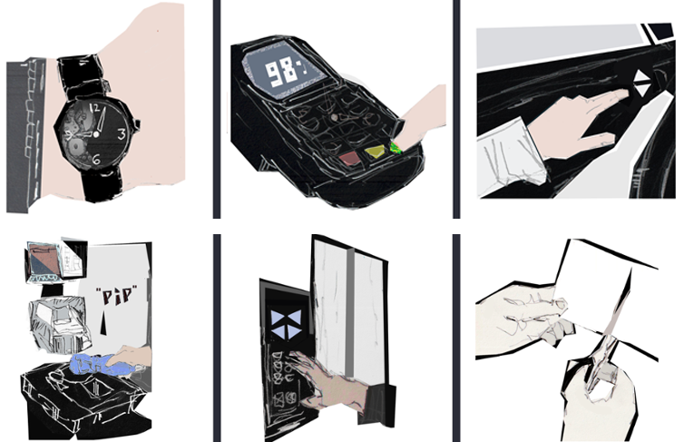 Kollasj med seks bilete: eit armbandsur, ein betalingsterminal, ei hand som trykker på knapp for å opne og lukke bilvindauge, ei sjølvbetjent kasse, ei hand som trykker på heisknappar, og hender som klipper i papir. Illustrasjon.