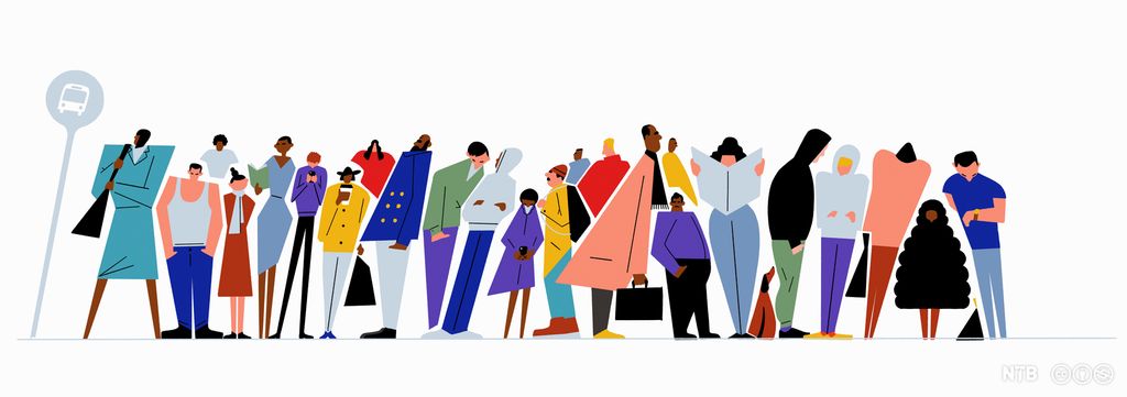 A long row of people stand next to a bus stop sign. They are different shapes, sizes and colours. Illustration.