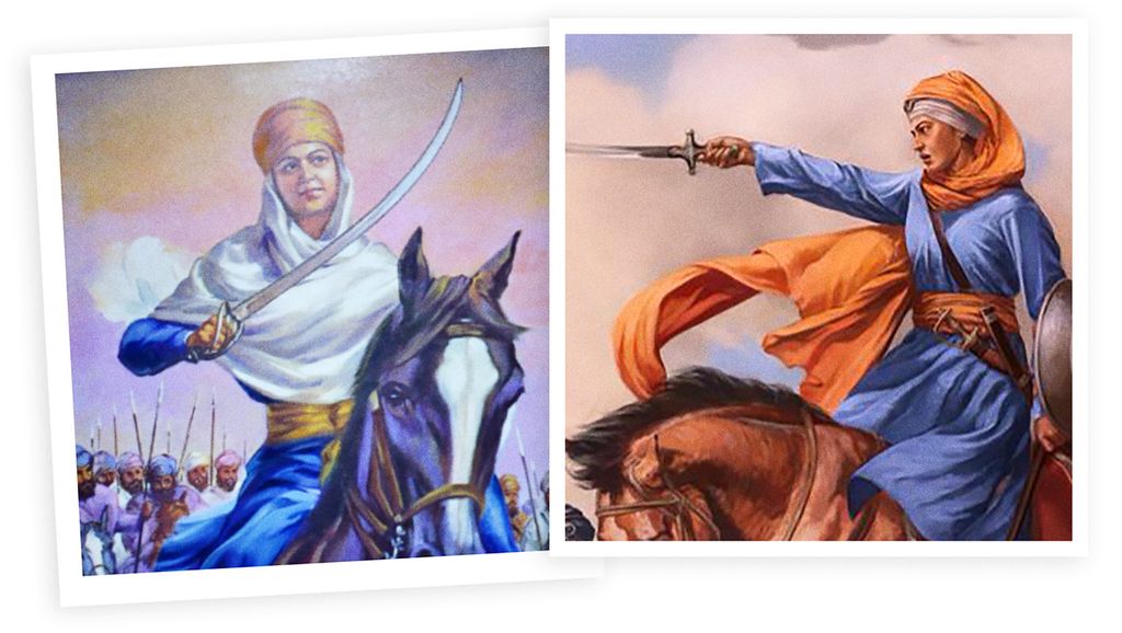 Kvinnelig sikh-kriger til hest. Kvinnen holder et sverd klart til hogg. Kvinnen har også to sverd i slire ved hofta. Foto.
