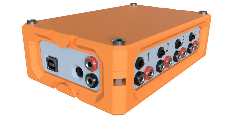 Oransje, firkanta plastboks med ti tilkoplingsplugger i fargene rødt og svart. Illustrasjon.