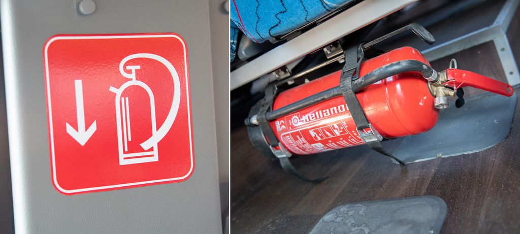 Kollasj som viser brannslokkingsapparat og et skilt som viser plasseringa.