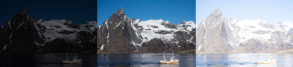 Tre forskjellige eksponeringer av samme landskapsmotiv. Foto.