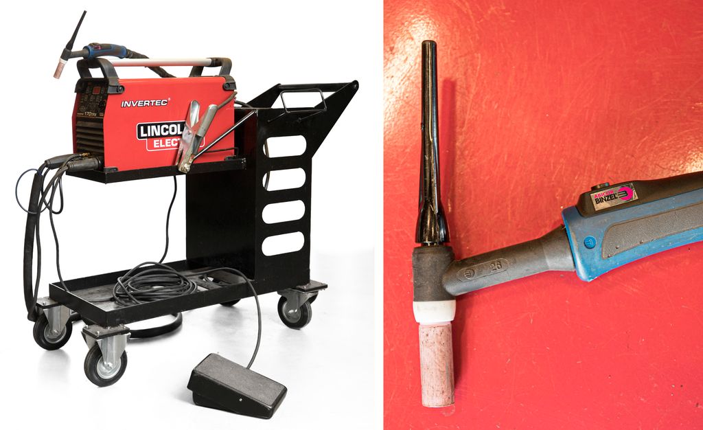 Et bilde av et sveiseapparat på stativ og et nærbilde av en sveisepistol. Foto.