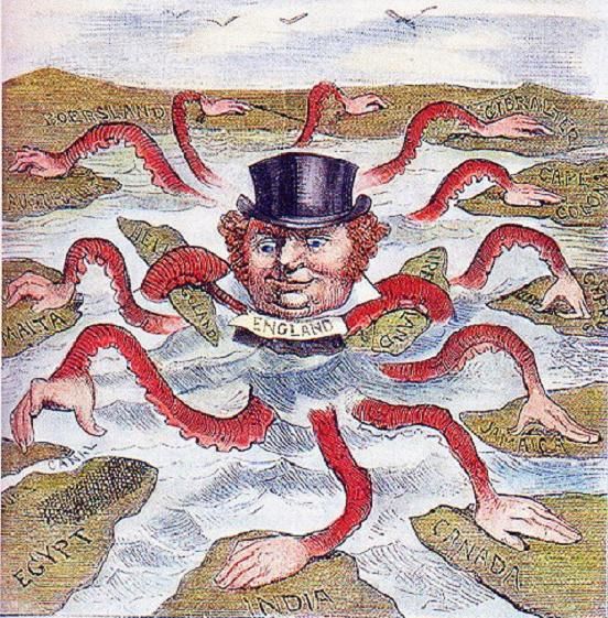 Jon Bull, a national personification of Britain, depicted as an octopus stretching his arms out towards different countries and regions in the world. Political cartoon. 