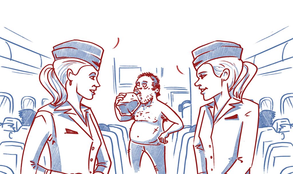 To flyvertinner diskuterer med kvarandre, og det står ein tydeleg rusa mann i bakgrunnen. Illustrasjon.