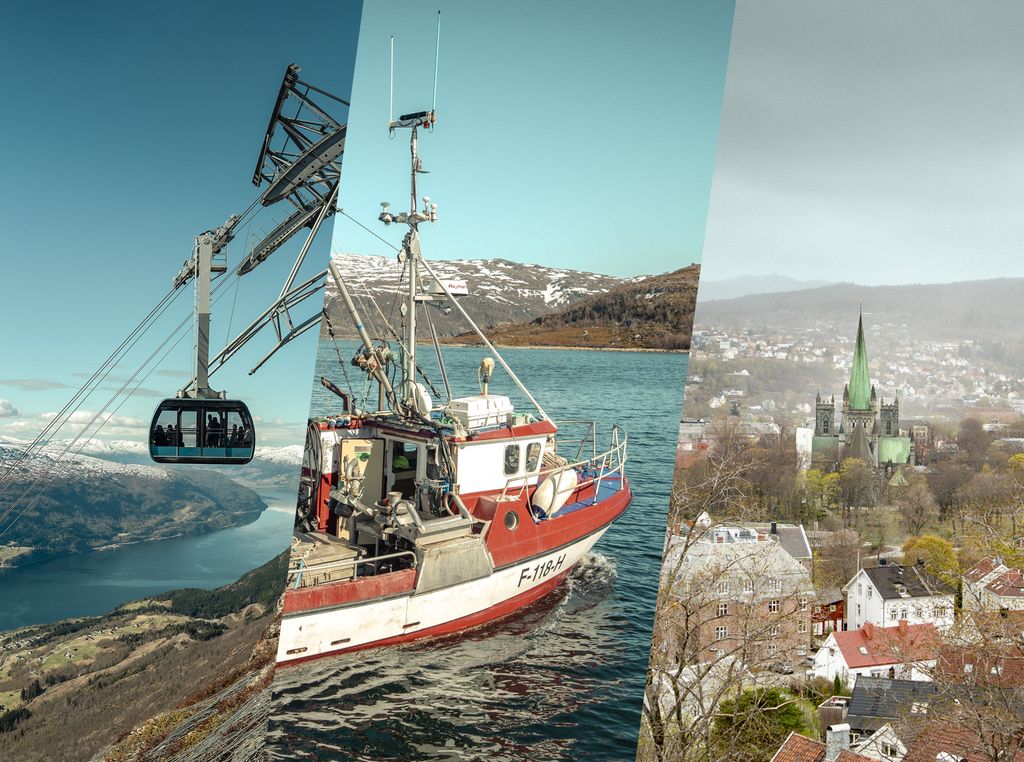 Tre bilder som viser en gondol i lufta, en fiskebåt på sjøen og Nidarosdomen med bygninger og trær i forgrunnen. Foto.