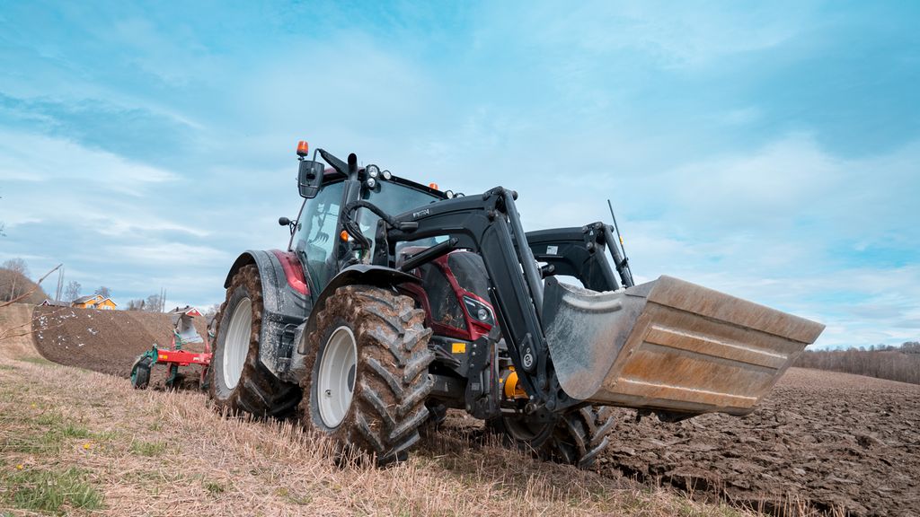 Traktor som pløyer. Traktor har påmontert frontlaster og skuffe. Det er måker i plogfårene bak traktoren. Foto.