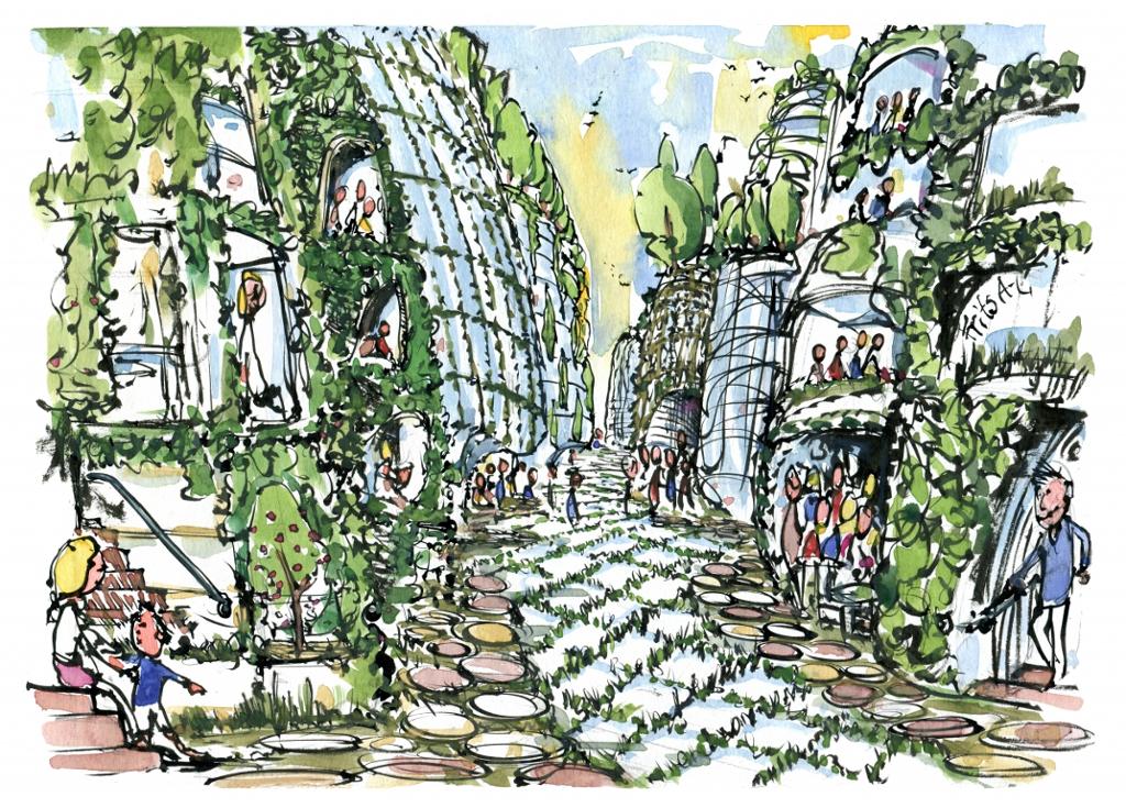 Gate i by der bygninger og trær går i hverandre. Grafikk.