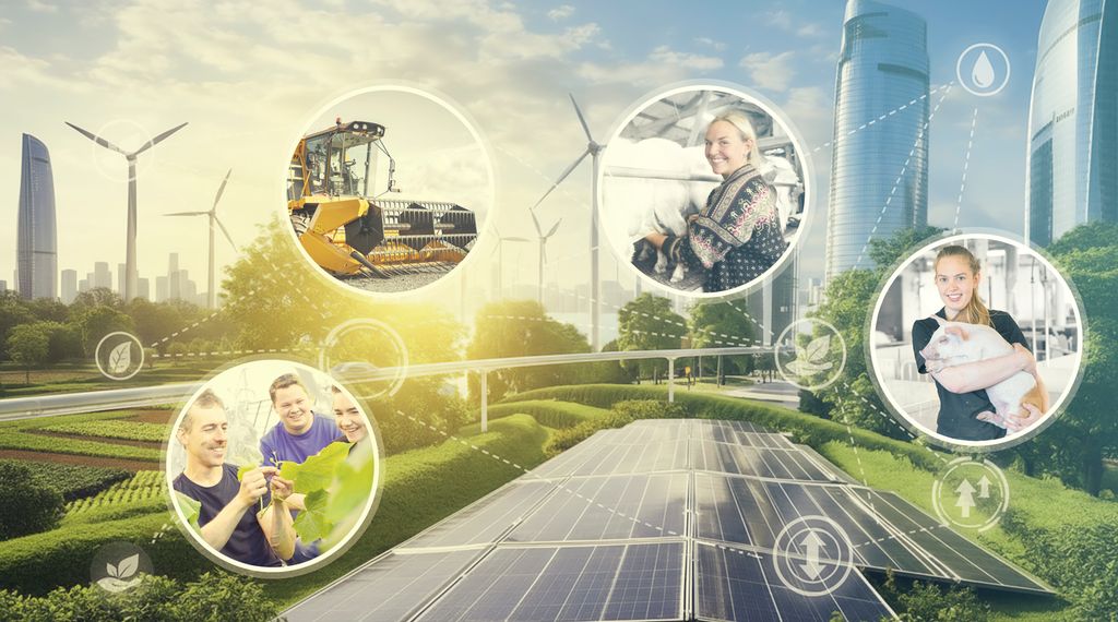 Kollasj med fotografier som viser fire forskjellige naturbruksyrker og forskjellige bærekraftige energikilder.