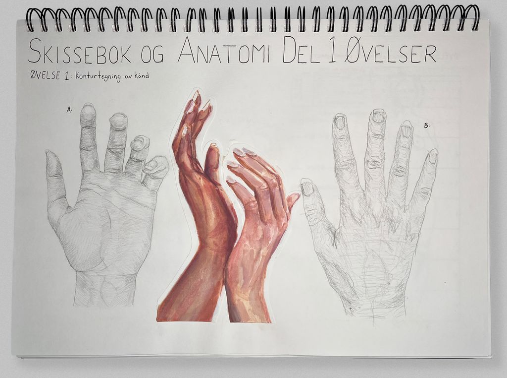 Skissebokside med eit par hender som er teikna med gråblyant, og par hender som er måla. Foto.