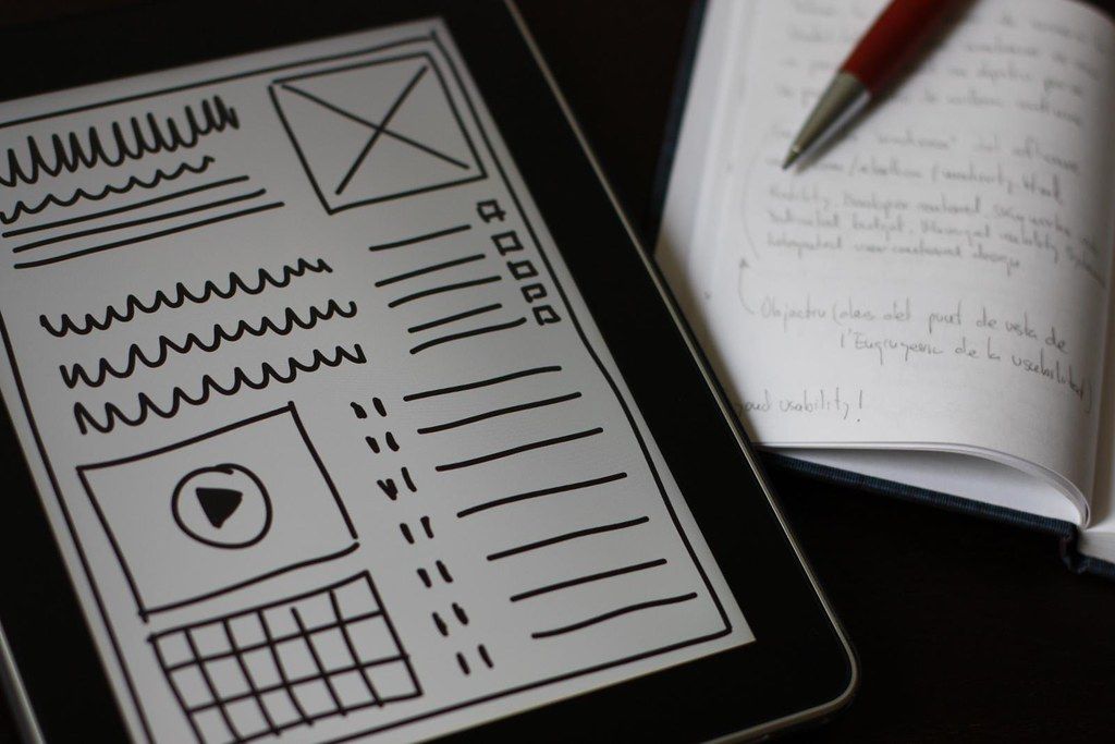 Nettbrett med skisse av nettside eller app med strekar, ruter, punkt og lister som viser kor ulike typar innhold skal plasserast. Foto.