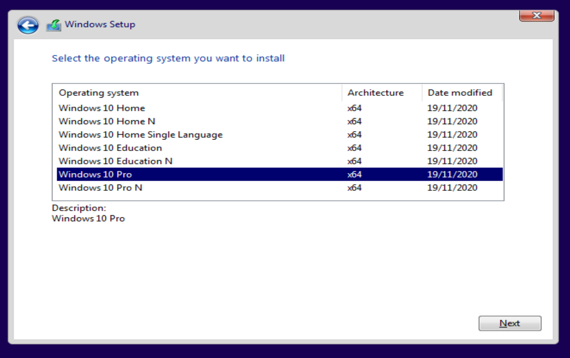 Liste over versjoner av Windows som kan installeres. Versjonen «Windows 10 Pro» er valgt. Skjermbilde.
