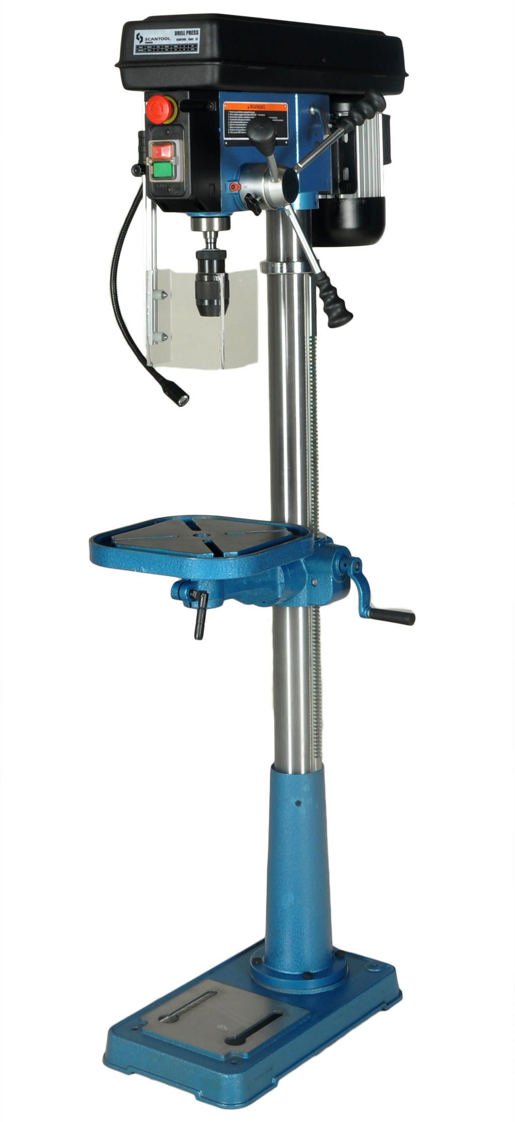 Søylebormaskin med mellom anna vippbart bord, arbeidslampe og beskyttelsesskjerm. Foto.