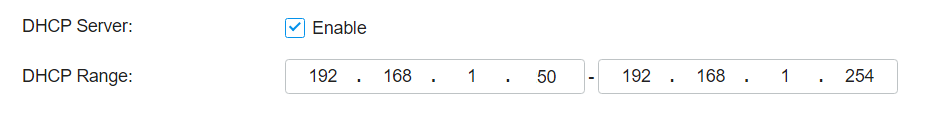 Utsnitt fra forrige bilde som viser at det er krysset av på "Enable" ved DHCP Server. Skjermbilde.
