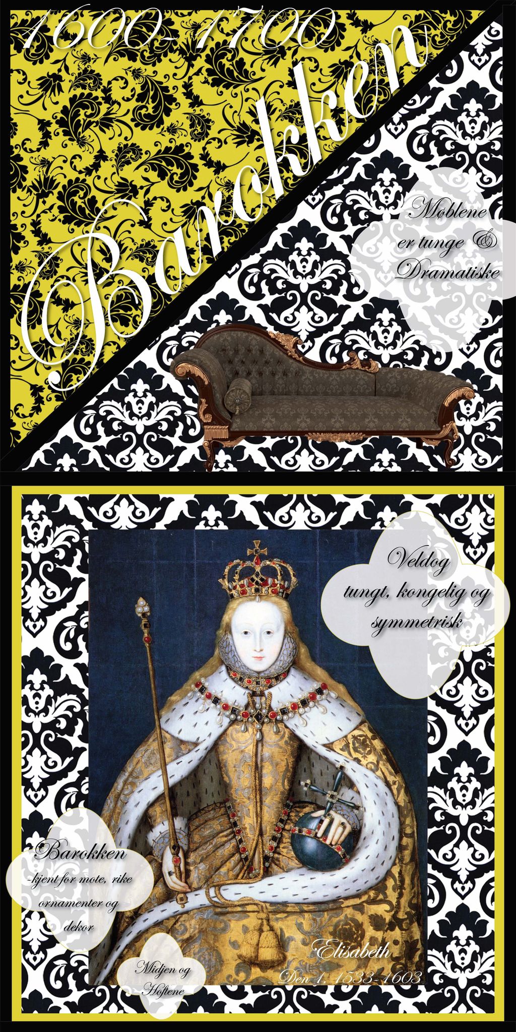 Bilde av en sofa og et maleri av Dronning Elisabeth 1 er satt sammen med barokke mønstre. Stikkord med kjennetegn på barokken er gjengitt i en skrifttype som gjenspeiler perioden. 