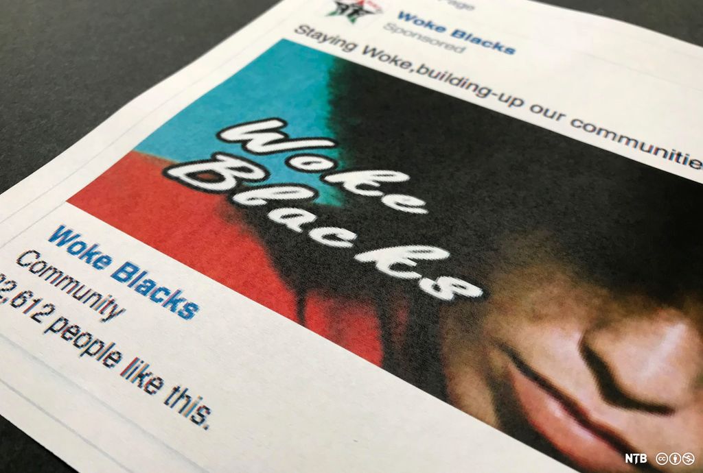 Skjermbilde av et Facebook-innlegg med et diffust bilde av en afroamerikaner og logoen til ei gruppe som kaller seg "Woke Blacks". Foto.