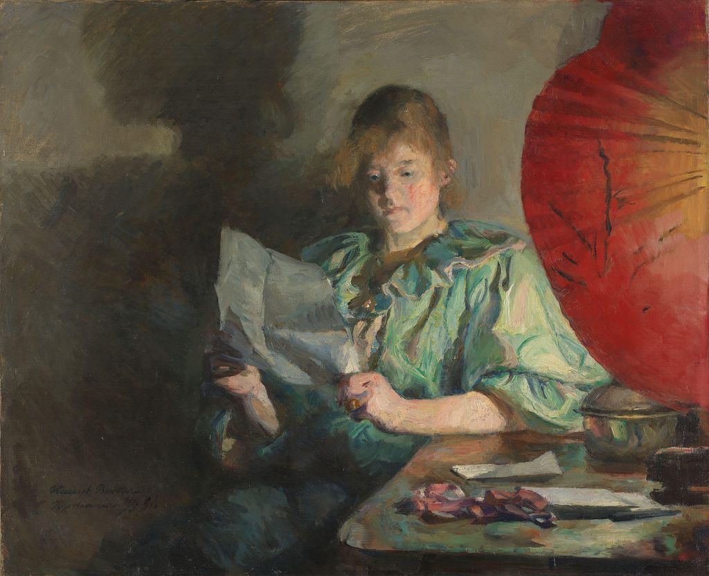 Kvinne sitter og leser et brev. Illustrasjon.