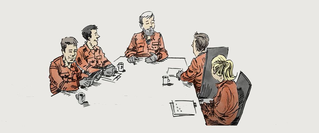 Fire arbeidere og en leder sitter og planlegger arbeidsoppgavene. Illustrasjon.