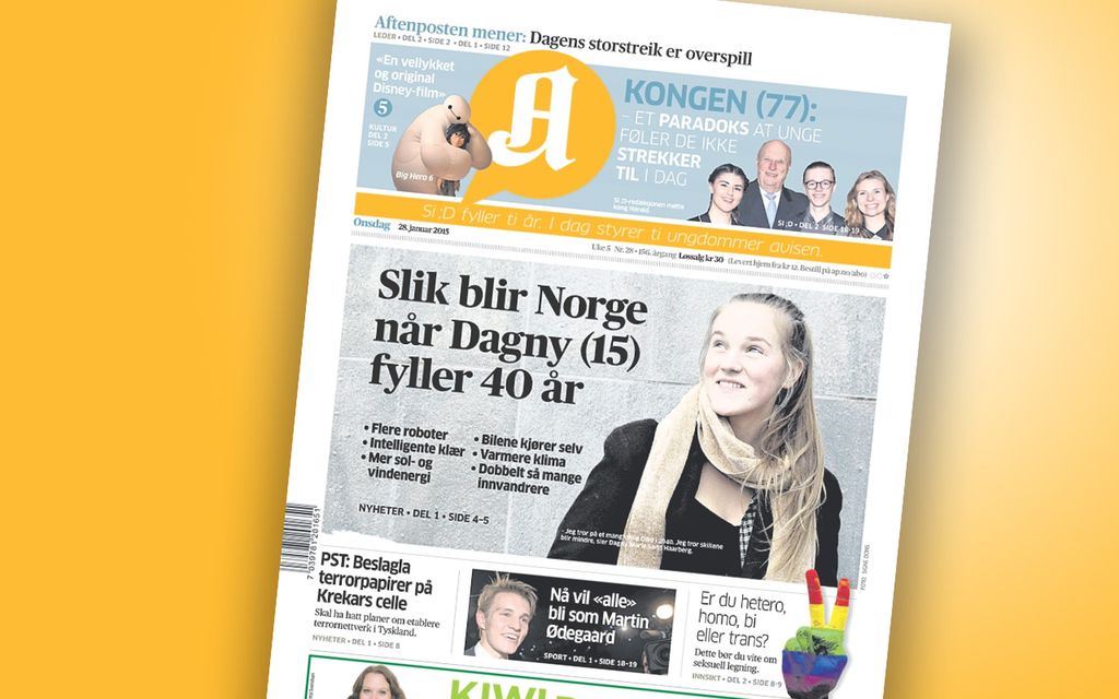 Avisforside med logo, overskrifter, brødtekst og fotografier. Foto.