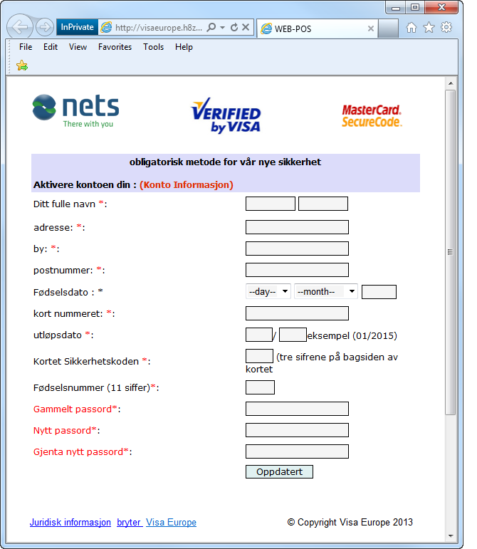 Eksempel på falsk nettside som tilsynelatende kan se ut som Visa sin hjemmeside med en rekke felter hvor brukeren blir spurt om sensitiv informasjon. Foto.