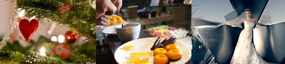 røde hjerter til jul, gul konfekt til påske, hvit brud. Fotomontasje.