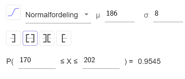 Sannsynlighetskalkulatoren i GeoGebra. Normalfordeling med forventningsverdi lik 186 og standardavvik lik 8. Utregningen er P av 170 mindre enn eller lik X mindre enn eller lik 202 er lik 0,9545. Skjermutklipp. 