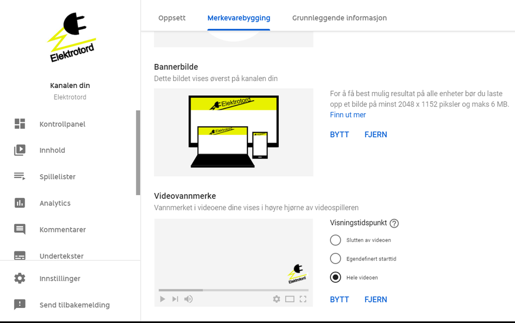 YouTube skaperstudio. Oppe til venstre ser vi en svart og gul logo med stikkontakt og teksten "Elektrotord". Vi ser en rekke menyvalg til venstre. I midten ser vi utsnitt av TV-skjerm, PC og mobil med en gul, smal stripe med bilde av stikkontakt og teksten Elektrotord på skrå. Nede i midten vises en liten videorute med et vannmerke nede til venstre i gult og svart, med logo. Skjermbilde. 