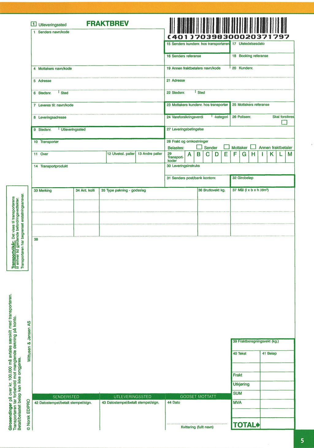 Formular for innenlandsfraktbrev med i alt 44 rubrikker. Illustrasjon.