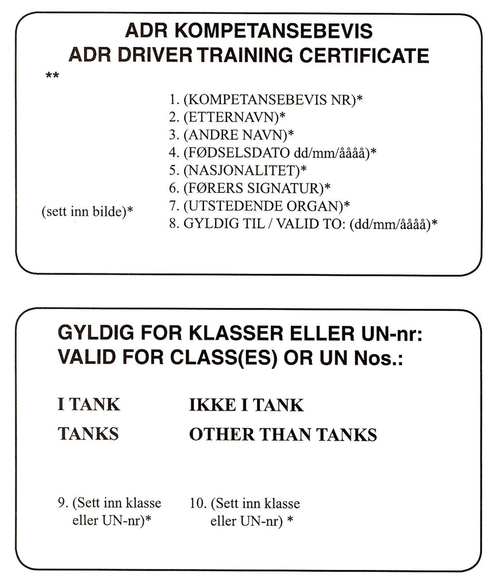 Bildet viser et ADR-kompetansebevis.