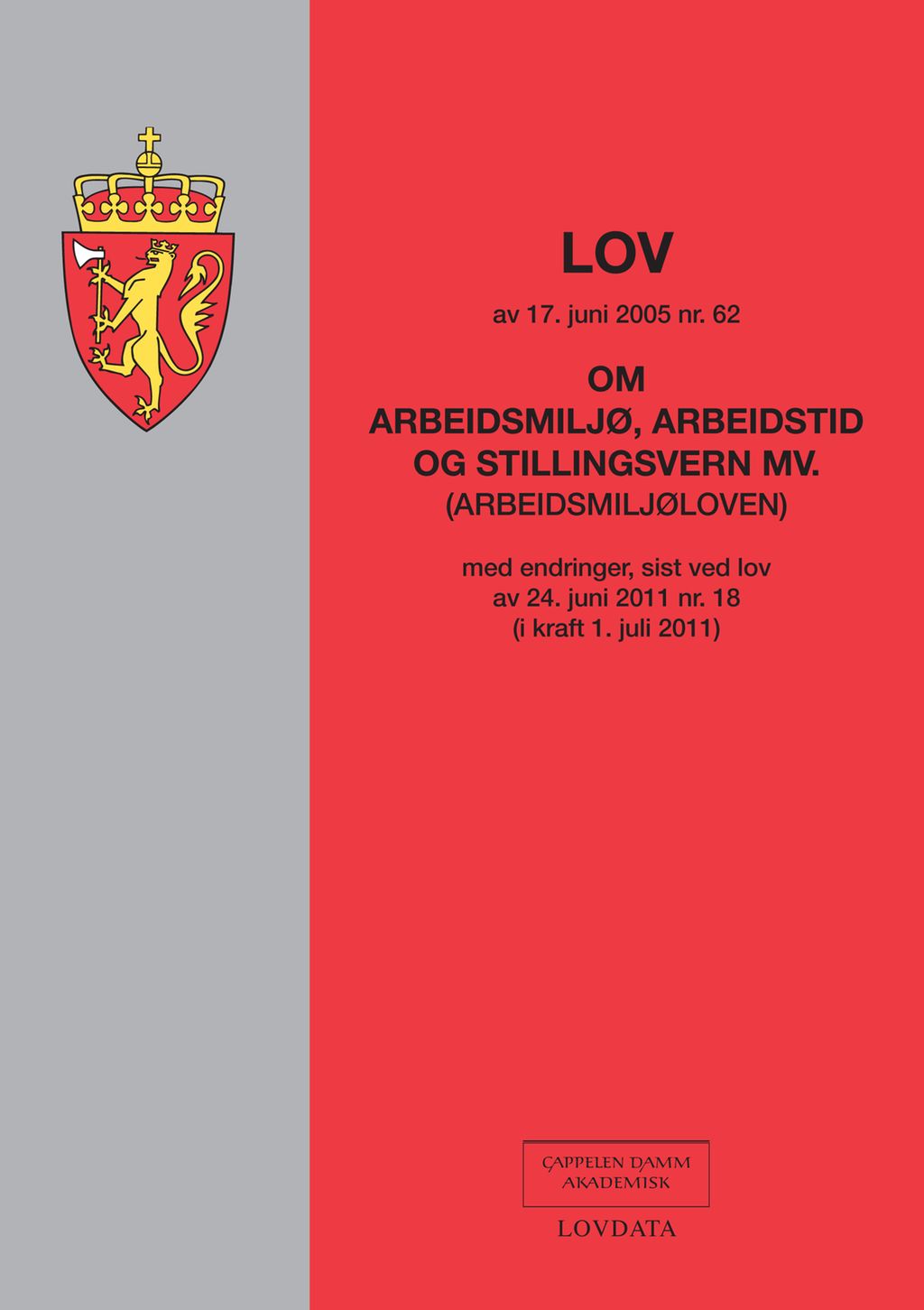 Tittelsida på en trykt utgave av arbeidsmiljøloven. Bilde.