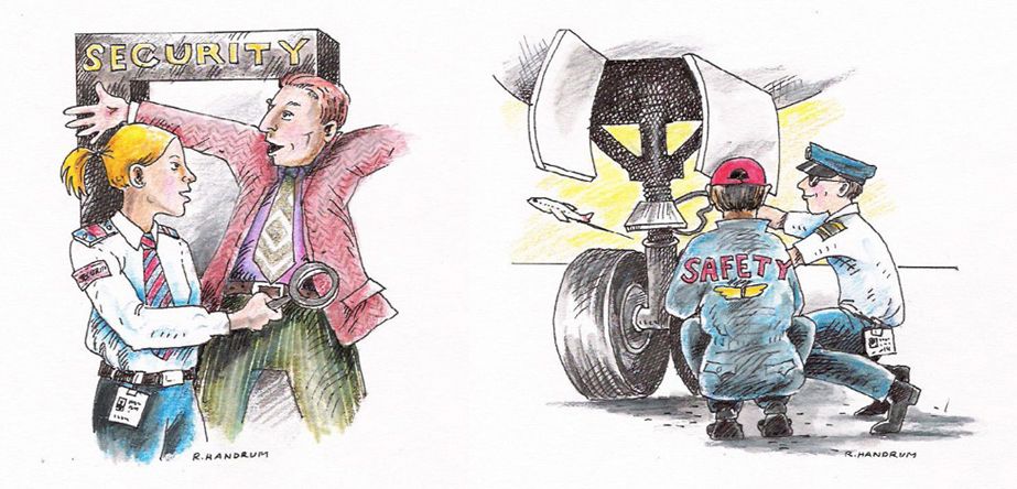 En kvinnelig vekter kroppsskanner en flypassasjer. En mannlig vekter er med på en sikkerhetskontroll av et fly. Tegninger.