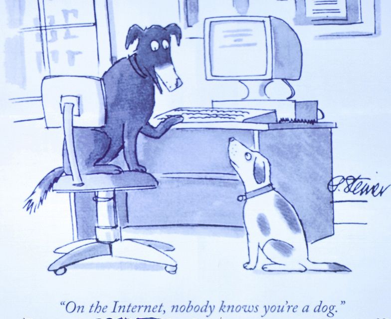 To hunder skriver melding på internett. Tegningen har en tekst der det står at på internett er det ingen som vet at du er en hund. Illustrasjon.