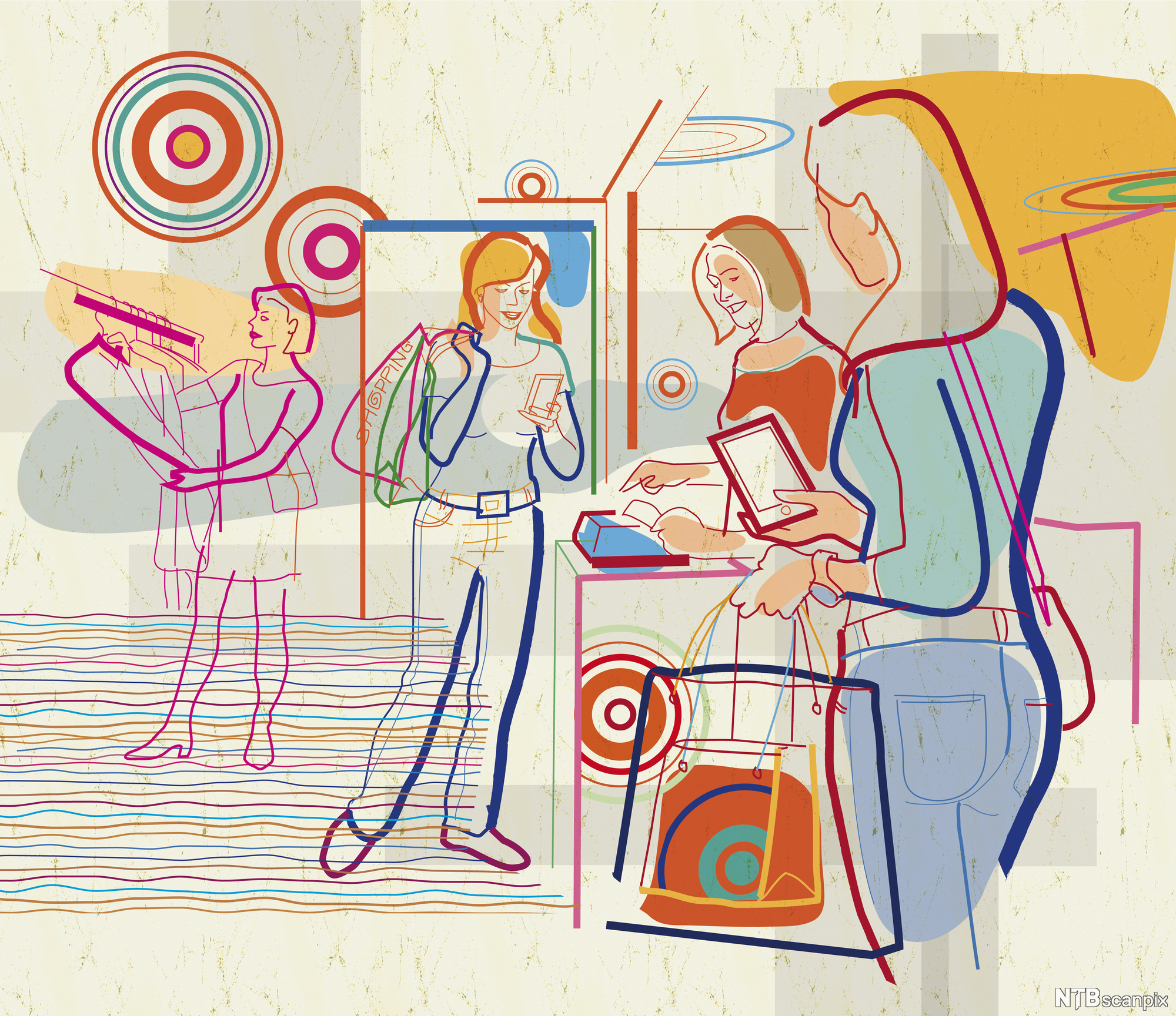 Kvinner som handler med mobil. Illustrasjon.