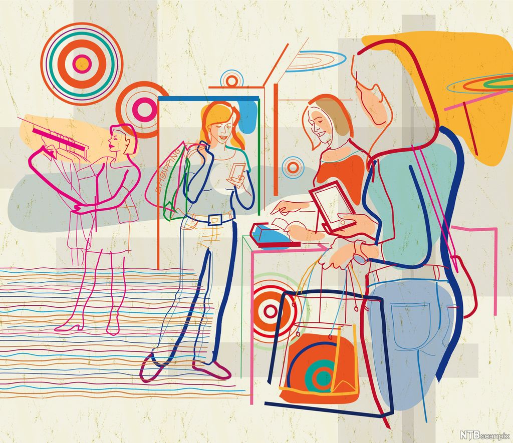 Kvinner som handler med mobil. Illustrasjon. 