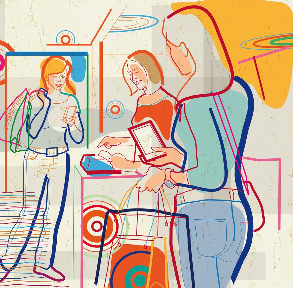 Strekteikning av kvinner som handlar med mobiltelefon. Illustrasjon.