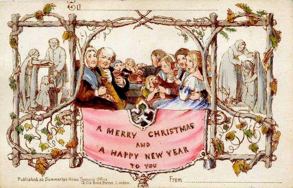 Menn og kvinner som skåler og tekst god jul og godt nyttår. Tegning.
