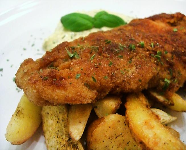 Fish and Chips with remoulade. Photo.