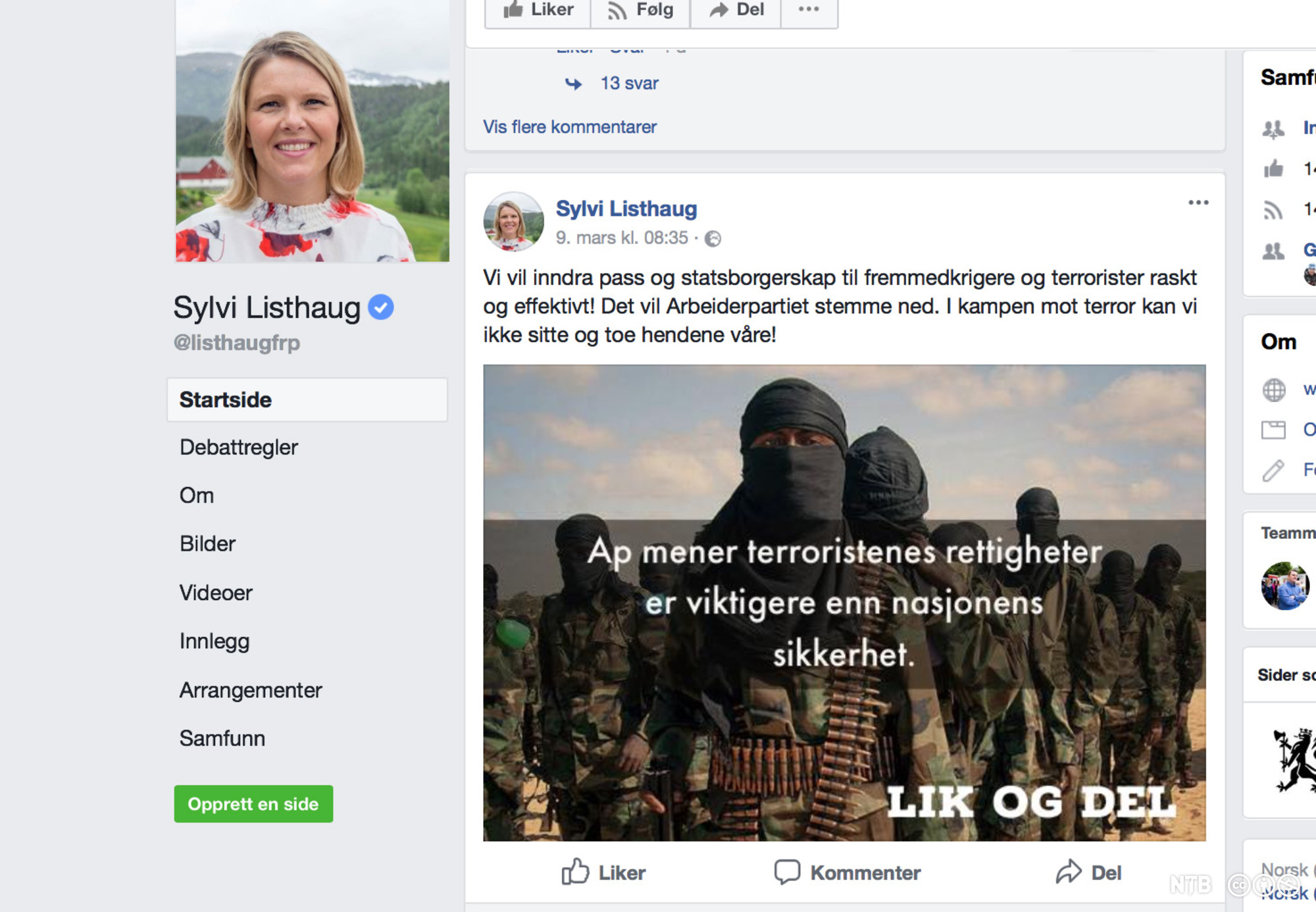 Sylvi Listhaugs Facebook-konto med bilde av maskerte fremmedkrigere og teksten &quot;AP mener at terroristenes rettigheter er viktigere enn nasjonens sikkerhet&quot;. Skjermdump.