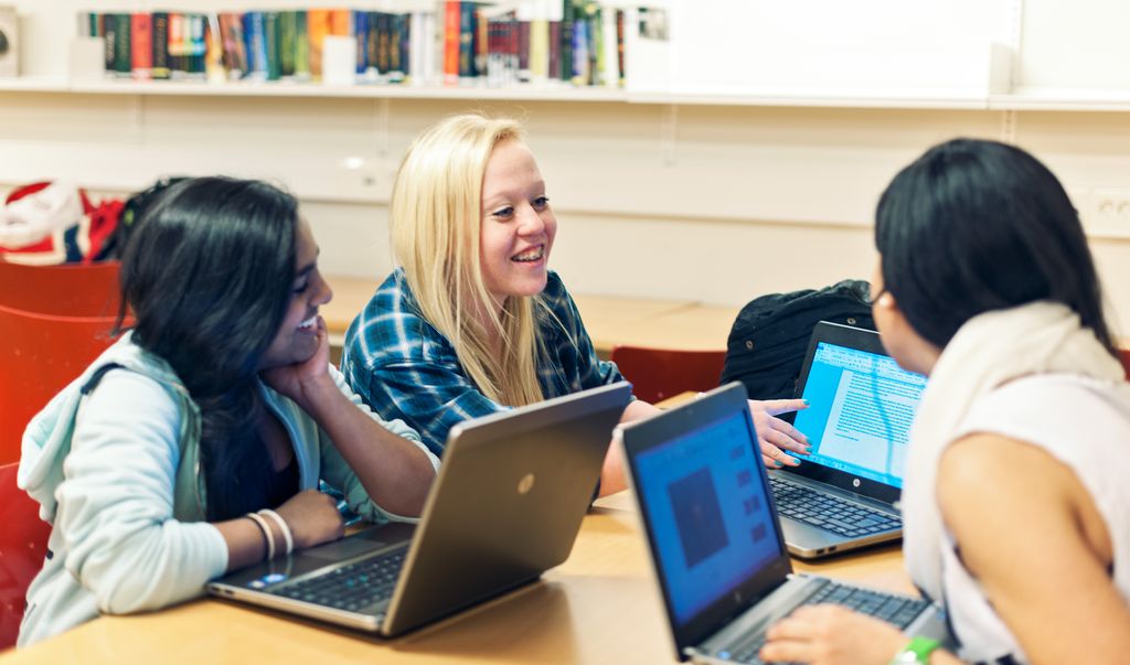 Three girls are talking and working together. Each girl has a computer. Photo.