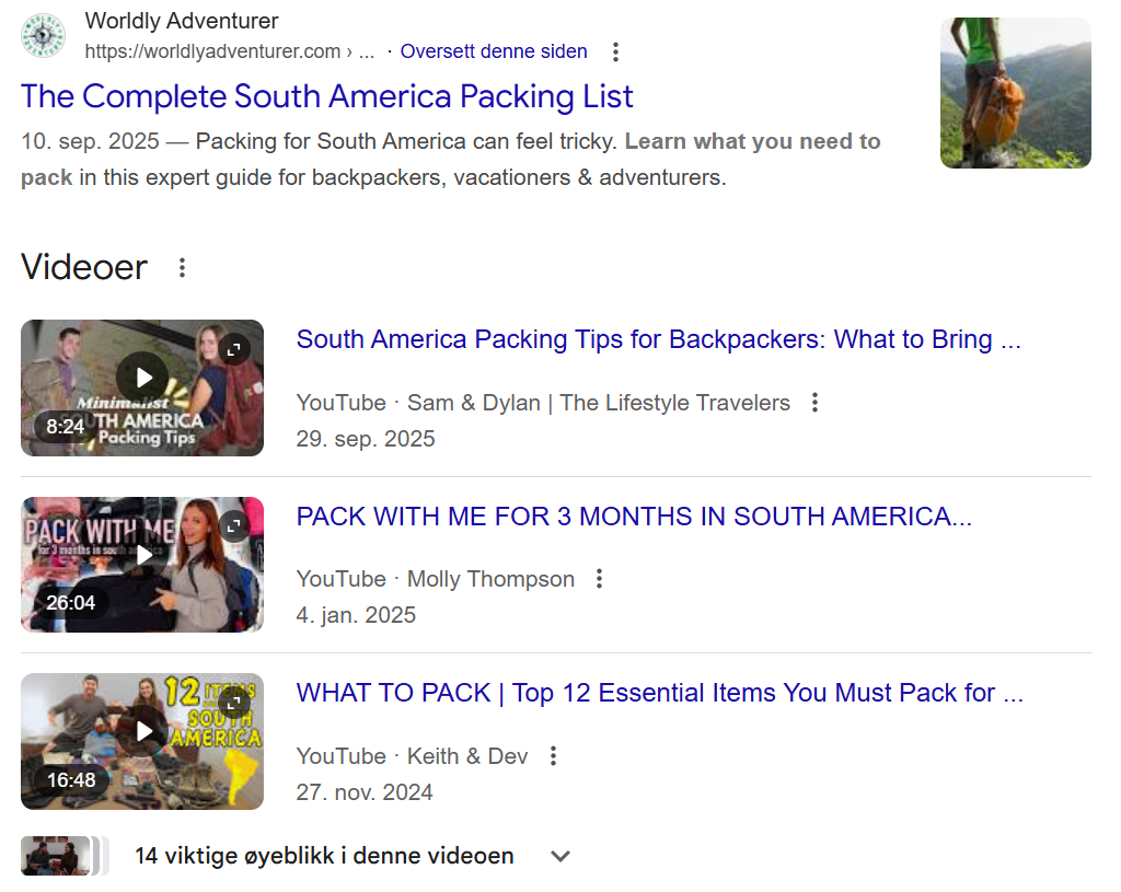 Ei nettside som viser ulike treff på søk etter videoer med tips om pakking av bagasje for backpacking. Skjermutklipp.