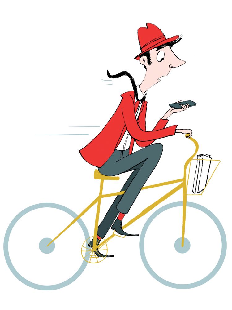 Forretningsmann med svart hår ser på mobilen mens han sykler i full fart. Slipset flagrer, og han har på seg rød jakke, rød hatt og røde sokker. Illustrasjon.