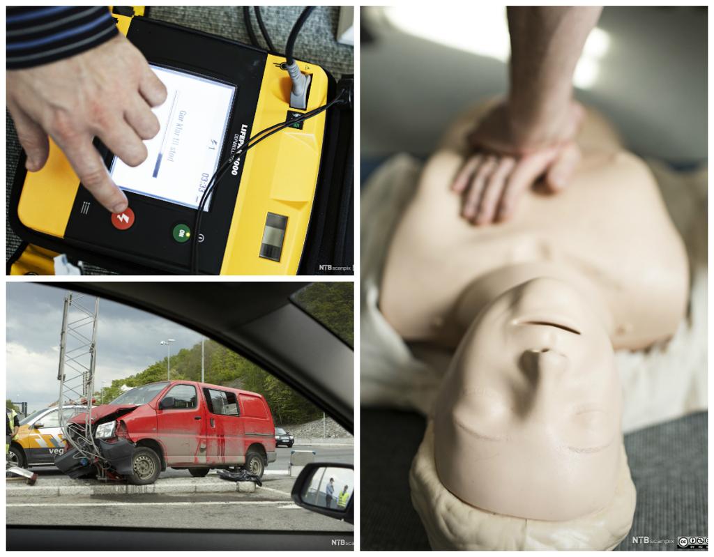 Kollasj med tre bilder. En hånd trykker på en hjertestarter. En rød varebil har kjørt inn i et skilt så fronten er smadret. To hender gjør hjertekompresjoner på en førstehjelpsdukke. Kollasj.