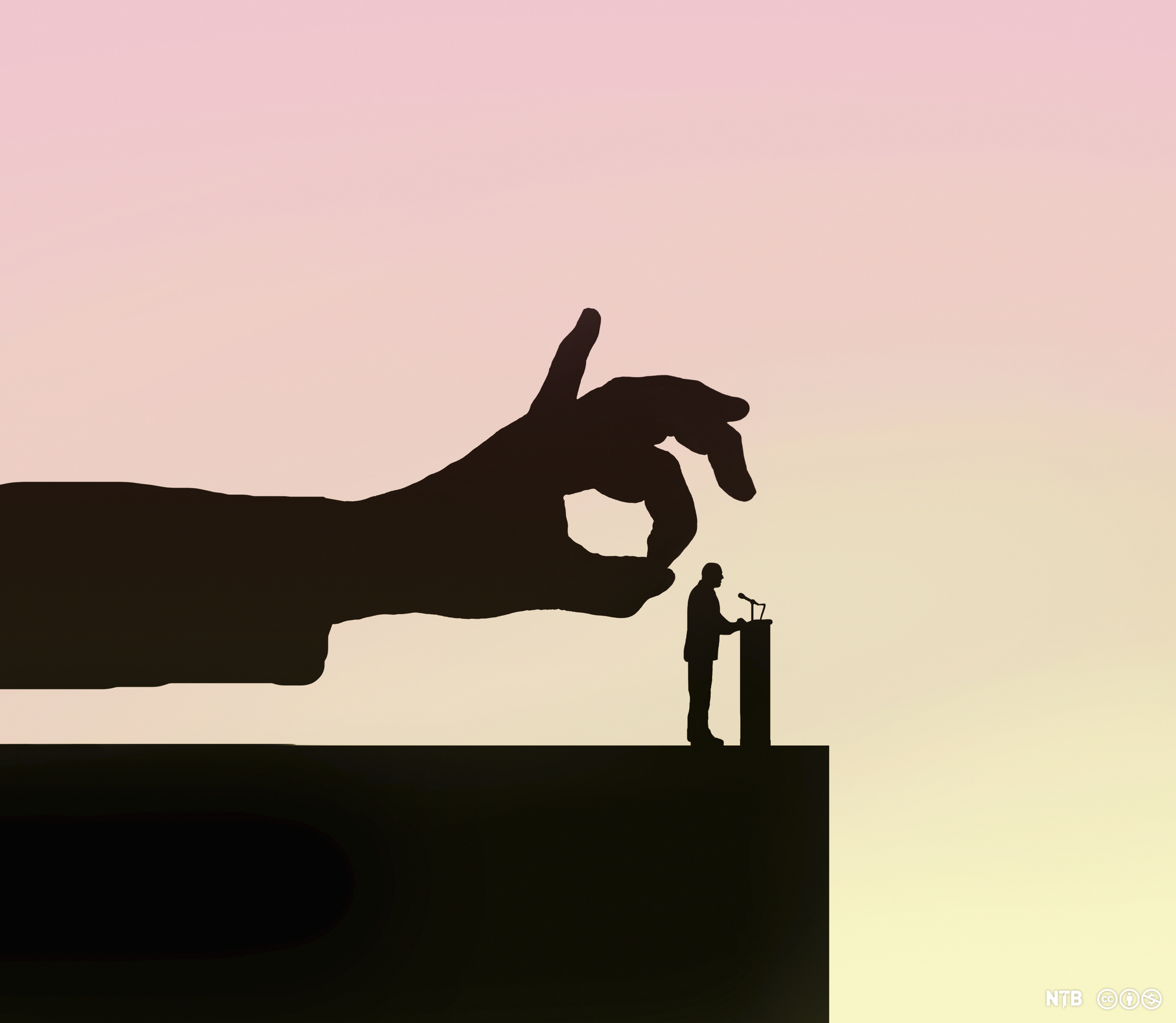 En hånd klar til å knipse bort en mann som holder tale. Illustrasjon.