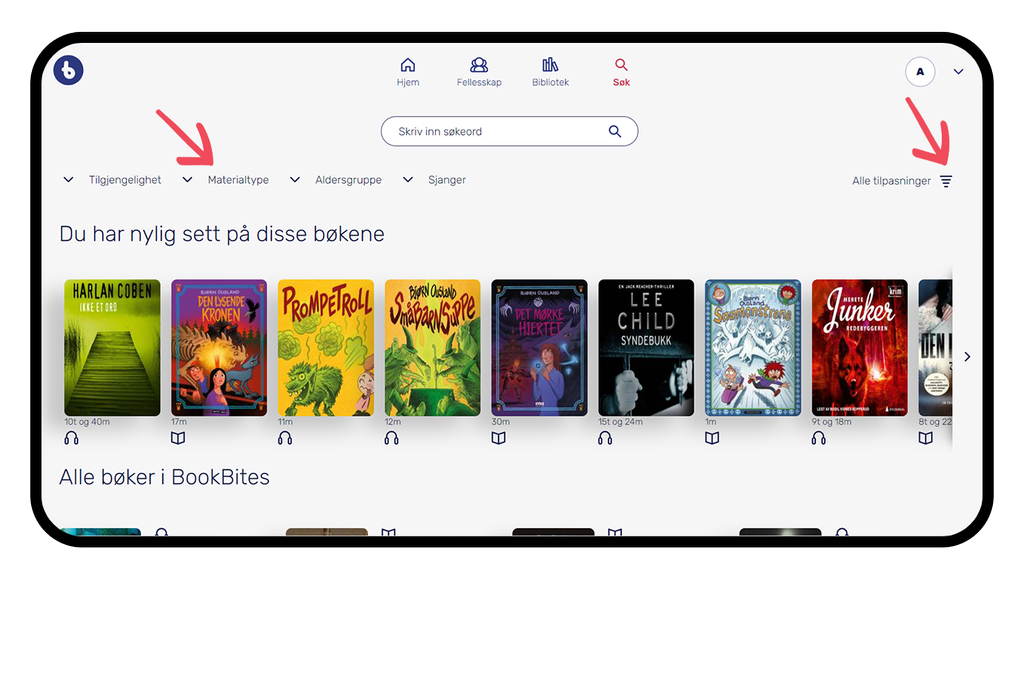 Framside av bibliotek-appen BookBites. Skjermutklipp.