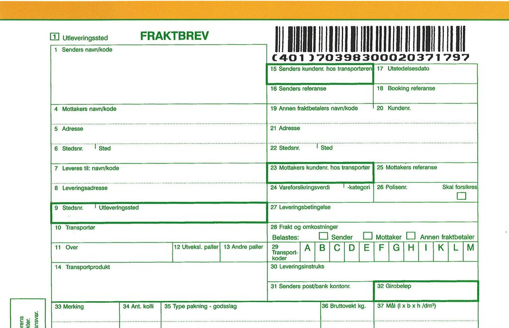 På bildet ser du et fraktbrev med alle rubrikkene som skal fylles ut når man sender varer. Utsnitt