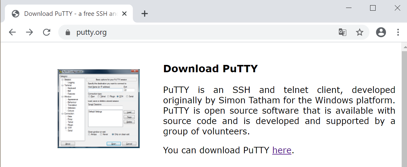 puTTY si nettside. Skjermbilete.