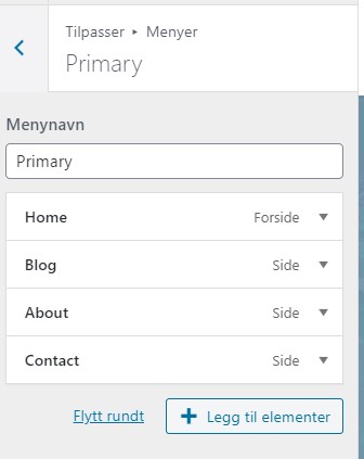En hvit og grå boks med menynavn (home, blog, about og contact). Skjermbilde.